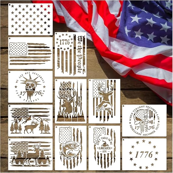 Pkqon American Flag Stencil Star Stencils for Painting Union 50 Stars 1776 Military We The People Template for Flag Patriotic Wood Burning Stencils for Spray Paint on Shirt Project Crafts (12 Flag)
