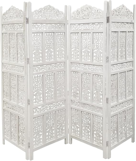 4 Panel Wooden Partition Screen Room Divider, Distressed White