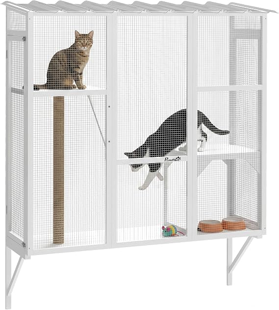 PawHut Outdoor Catio for 2-3 Large Indoor Cats 2 Jumping Platforms White