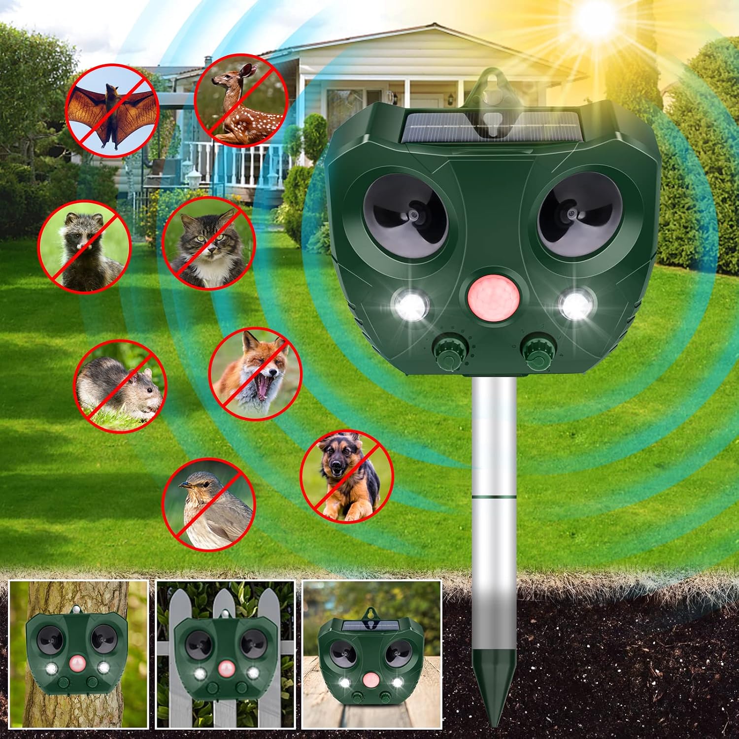 Ultrasonic Animal Repeller,2024 Upgrade Solar Animal Repeller,5 Modes Cat Repellent Outdoor Solar Powered Ultrasonic Dog Repellent with Motion Sensor & Flashing Light,Deer Repellent for Yard Garden