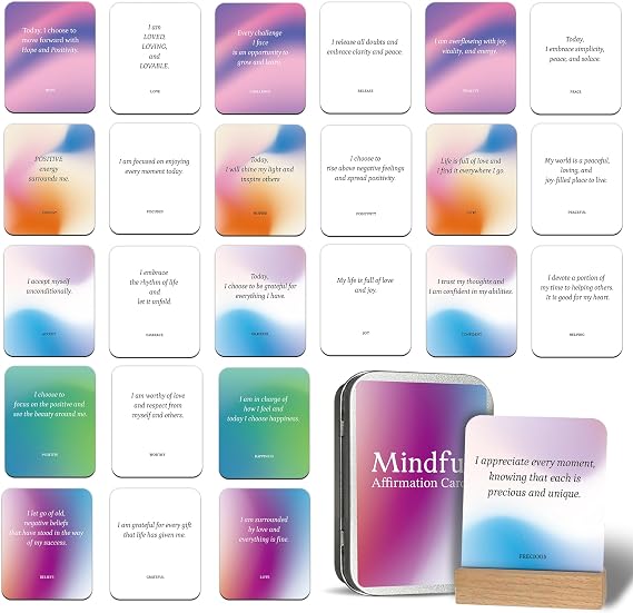 BIROYAL Positive Affirmation Cards for Women - 55 Mindfulness Cards - Mediation Card & Daily Affirmations Card for Women - 3.5x2.8 Manifestation Card with Display Stand & Metal Box