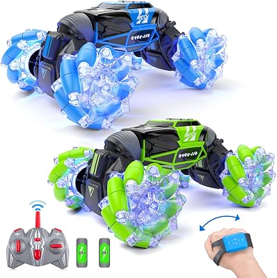 Powerextra LED Gesture Sensing RC Car, 4WD 2.4GHz Remote Control, Double Sided 360 Rotating Stunt Car with Lights & Dance, Blue  Green