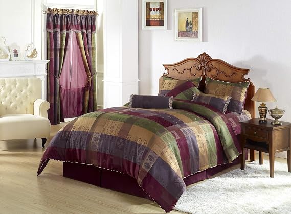 Chezmoi Collection 7 Pieces Multi Color Gitano Jacquard Patchwork Comforter Set California/Cal King Size