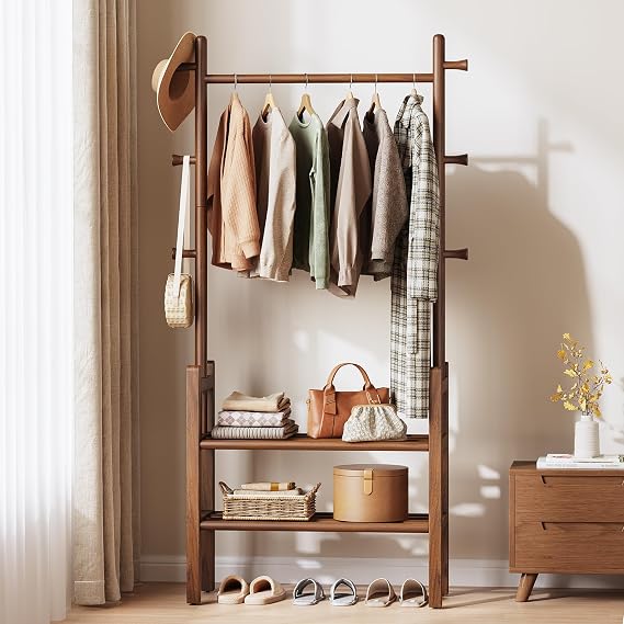 Solid Wood Clothing Rack with Shelves - Coat Rack Freestanding with 6 Hooks Load 450 Lbs, 3-in-1 Hall Tree for Hanging Clothes, Tall Garment Racks with Storage for Bedroom, Entryway, Living Room