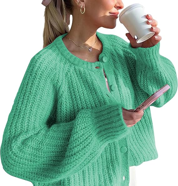 SeeLuNa Crochet Cardigan Sweaters for Women Tops Chunky Knitted Crew Neck Long Sleeve Button Down Jackets Open Front Coat