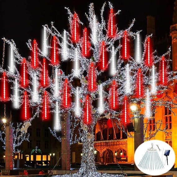 Solar Meteor Shower Lights Outdoor Decorations, Waterproof Christmas Lights Solar Powered, 16 Tubes 384LED Icicle String Light, Snow Cascading Raindrop Light for Tree Party Garden Decor(Red and White)