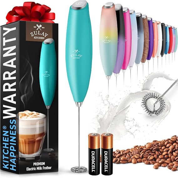 Zulay Powerful Milk Frother for Coffee with Upgraded Titanium Motor - Handheld Electric Whisk, Milk Foamer, Mini Mixer & Coffee Blender for Frappe, Latte, Matcha, No Stand - Pacific Aqua