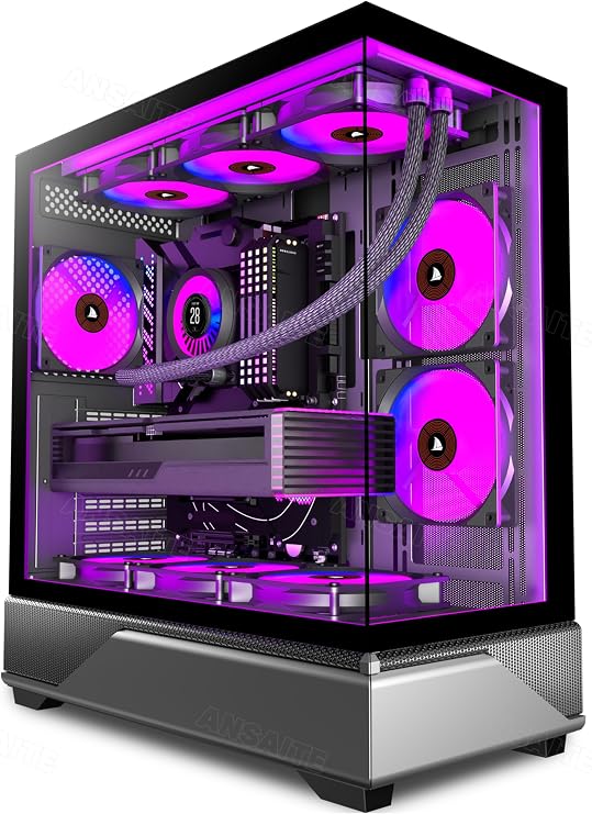 ANSAITE PC Case Pre-Installed 6 × 120mm PWM ARGB Fan, ATX Mid Tower PC Gaming Case, Computer case with Panoramic View Tempered Glass Front & Side Panel, Type C Port, Black