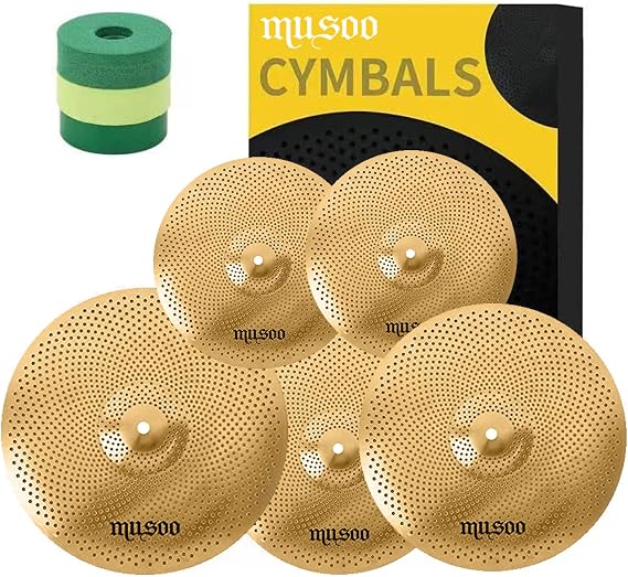 Musoo Low Volume Cymbal Pack,60%-70% 14/16/18/20 Quiet Cymbals Set of 5 pcs for Practice
