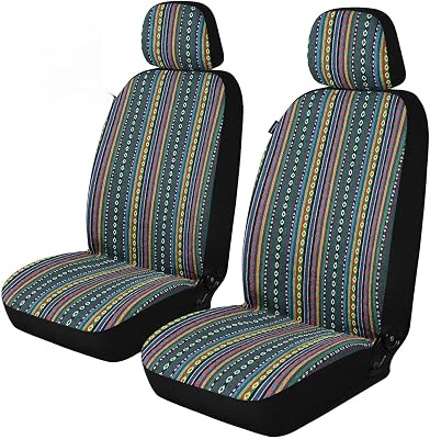 AKAUTO Baja Saddle Blanket Car Seat Covers Front Pair with Seat Belt Pads and Steering Wheel Cover, Universal Colorful Striped Woven Interior Cover for Sedan, SUV, Truck, Airbag Compatible