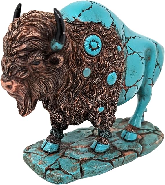 Majestic Small Bison Figurine, Turquoise Brown American Buffalo Decor | Resin wildlife accent piece for shelf tabletop desk, rustic animal statue ornament, ideal gift for collectors enthusiasts