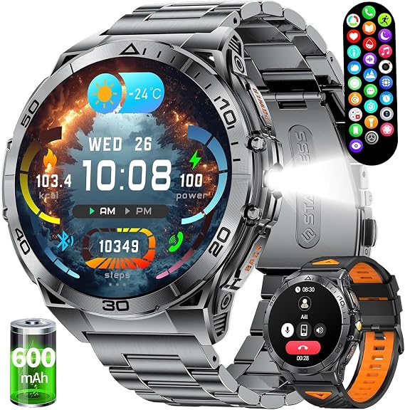 LIGE Military Smart Watch for Men, 1.6'' AMOLED Rugged Smart Watch with 600mAh Battery/Heart Rate/Blood Pressure/Sleep Monitor,IP68 Waterproof Fitness Tracker Watch for Android iPhone Gery