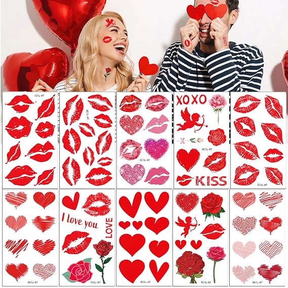83Pcs Valentine's Day Red Lips Heart Temporary Tattoo Stickers Red Lip Kiss Love Cupid Rose Bouquet Waterproof Fake Tattoos for Women Girls Man Face Body Lover Theme Party Decorations