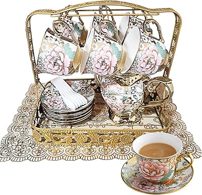 20 Pcs Porcelain Tea Set with Metal Holder,European Flower Adult Ceramic Tea Party Set for Women,1380ML Teapot, Beautiful Coffee Tea Cup Set for Home&PartyPink