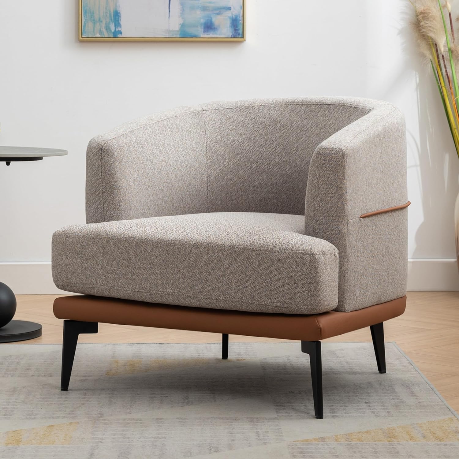 Modern Barrel Accent Chair, Upholstered Linen & PU Leather, Burnt Orange, 330 lbs Weight Capacity, Office, Meeting Room, Living Room, Bedroom, Hotel, Modern Design