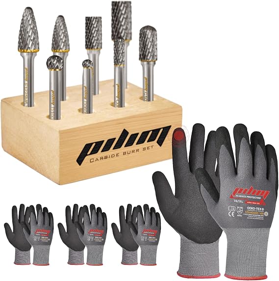Tungsten Carbide Burr Set 1/4" Shank 8PC Double Cut Rotary Cutting Burrs + Microfoam Nitrile Safety Work Gloves Set Size 08 / 3PC