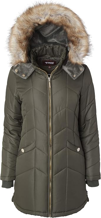 Women Long Down Alternative Winter Puffer Coat Zip-Off Plush Lined Fur Trim Hood - Waxed Loden (2X)