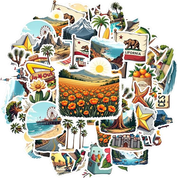 50 Pieces California Aesthetic Stickers, Cartoon Travel Nature Vinyl Waterproof Stickers for Water Bottle Laptop Luggage Helmet Skateboard Snowboard Guitar Scrapbook Phone Gifts