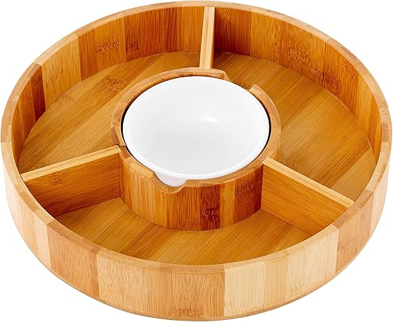 Strova Chip and Dip Serving Bowl Wooden Appetizer Platter Set with Dip Cup for Salsa, Guacamole, Nacho, Vegetables, Taco Chip, Snacks and More 12 Inch Diameter. Perfect for the BIG GAMES !