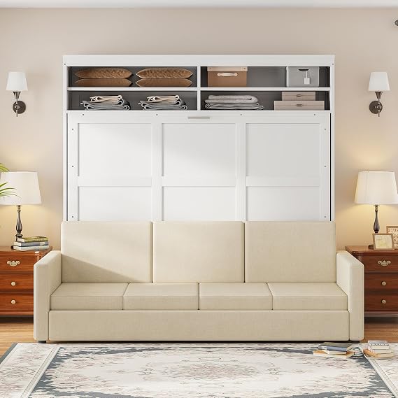 Queen Size Murphy Bed with Sofa, Space-Saving Wall Bed with Top Cabinets, Murphy Chest Bed Can Be Folded Into A Cabinet, for Multipurpose Guest Room (White-08)