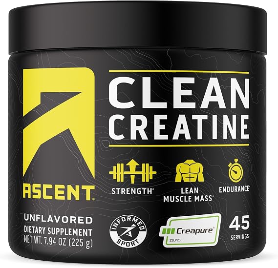 Ascent Clean Creatine Monohydrate, Creapure, Unflavored, 45 Servings