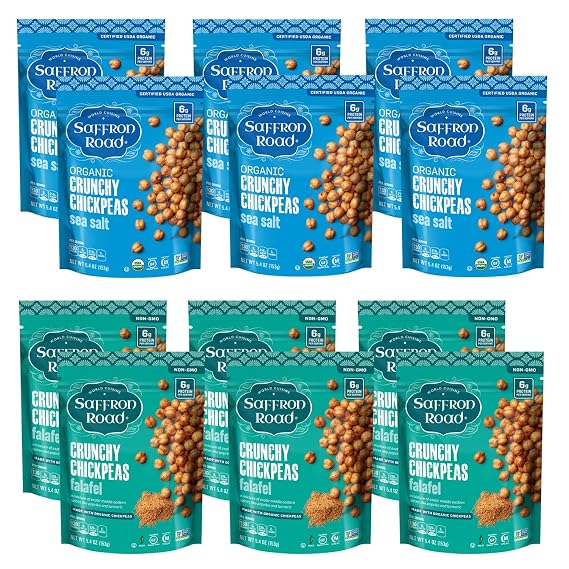 Saffron Road Roasted and Crunchy Chickpeas | Sea Salt and Falafel | Certified Organic, Gluten-free, Vegan, Non-GMO, and Certified Halal and Kosher | 5.4oz Pouch | Pack of 12