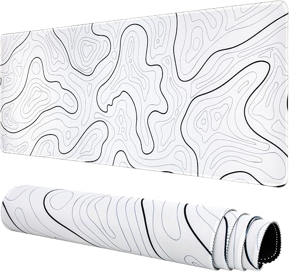 Large Gaming Mouse Pad, Topographic Mouse Mat for Gaming Mousepad Office, Long XL Mouse Pads Keyboard Pad for Computer Laptop 31.5''x11.8'' Desk Mat (White)