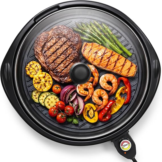 Elite Gourmet EMG-980BX Indoor Electric Round Grill, Non-Stick, 14" Black