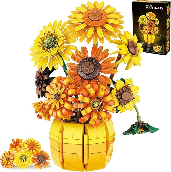 Flowers Building Set for Adults - Sunflowers Building Blocks with Vase 1009PCS, Artificial Flowers Botanical Collection Gifts for Christmas Birthday Valentine's Day