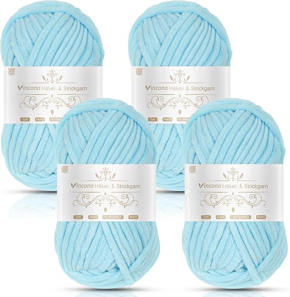 Vincona Chunky Yarn 4 x 100g Multi-Colored Soft Chunky Wool for Hand Knitting, Thick Yarn for Knitting 100g Balls, Soft Fluffy Velvet Thick Knitting Yarn for Crochet Blankets, Amigurumi Aqua Blue