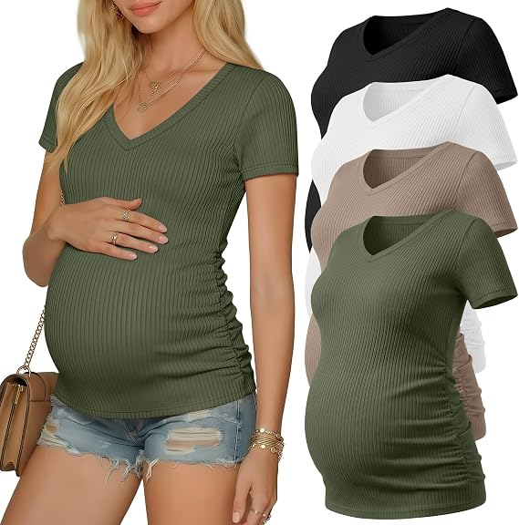 Neer 4 Pack Women's Maternity Shirts Short Sleeve | V Neck, Cotton, Ribbed Fabric, Side Ruched, Slim Fit, Stretchy, Pregnancy Tops, Soft, Comfortable, Summer Mama Clothes