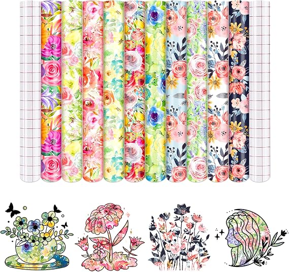 Flower Patterned Permanent Adhesive Vinyl 10 Sheets 12'' x 10''