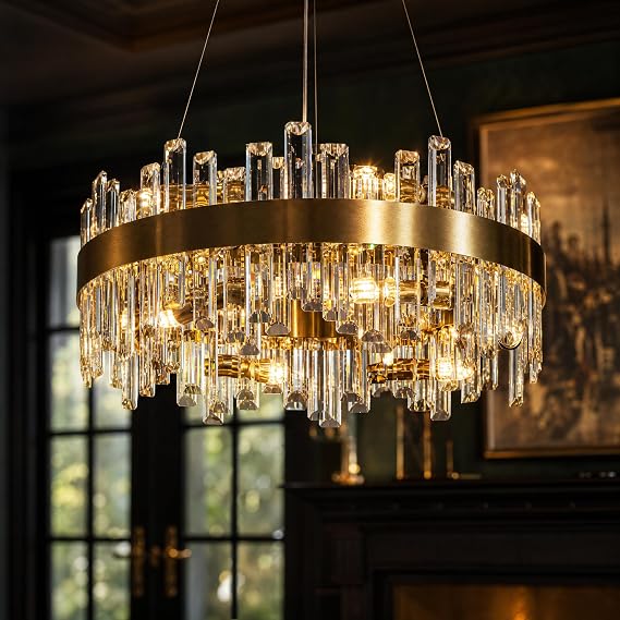 Luxury Crystal Chandelier Modern 23.6" Gold Chandelier, 12-Light Brushed Gold 2-Tiers Raindrop K9 Crystal Ceiling Light, Contemporary Chandeliers for Dining Room Living Room Foyer Kitchen Island