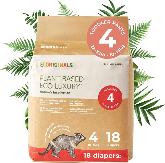 Ecoriginals - 18 Eco Toddler Pull Up - Nappy Pants with 100% Plant-Based Layers, Disposable Pull Ups & Hypoallergenic Baby Essentials for Babies - Secure Fit Size 4 Nappies (10kg-15Kg), 1 Pack