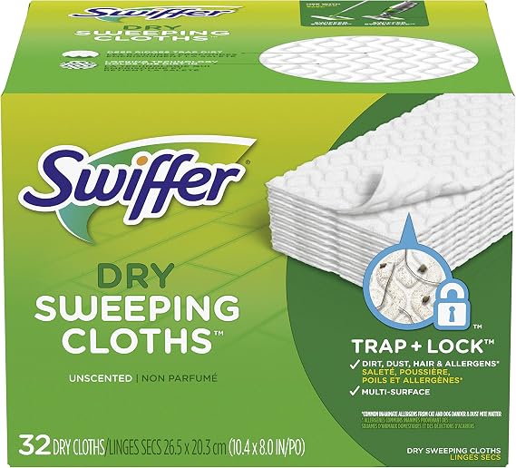 Swiffer Sweeper Dry Sweeping Cloths, Mop and Broom Floor Cleaner Refill, Unscented, 32 Count