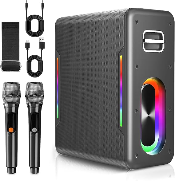 Portable Karaoke Machine, with 2 Wireless Microphones & LED Party Lights