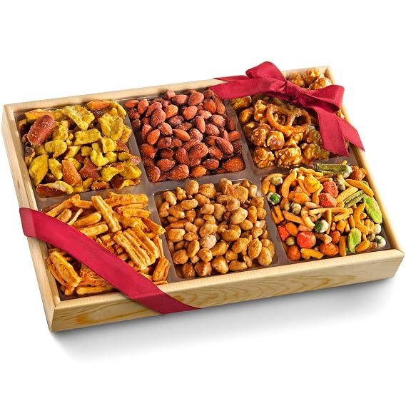 A Gift Inside Snack Gift Basket with Sweet & Savory Gourmet Snacks Caramel Corn, Pretzels, Roasted Almonds, Cheese Crisps & Mixed Nuts in Wooden Gift Tray