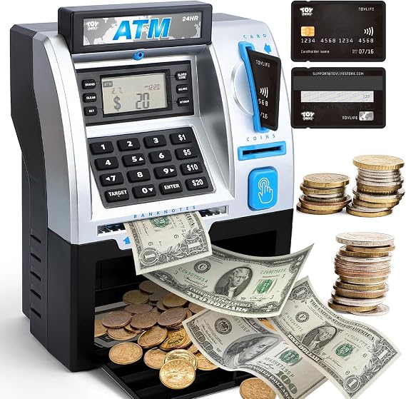 TOY Life Black Kids ATM Piggy Bank, Money Counter, Ages 5-10