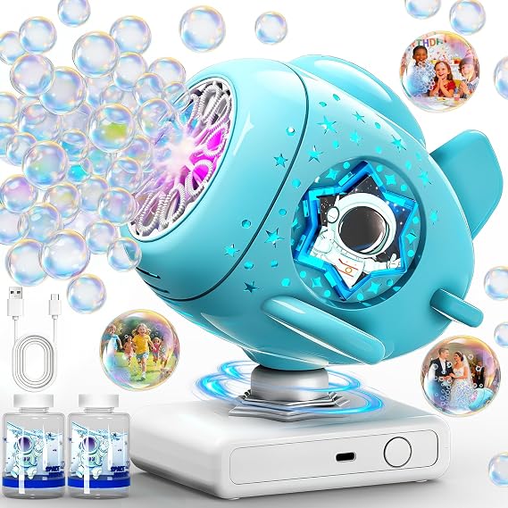 Rechargeable Bubble Machine, Automatic 360 Rotatable Bubble Maker Toys with Light, Spaceship-Shaped Bubble Blower for Kids Toddlers, Easter, Birthday, Parties, Wedding, Outdoor Activities