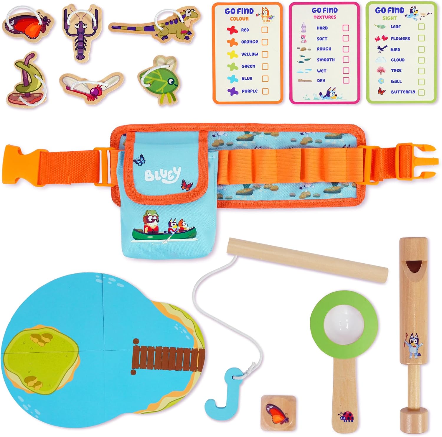 Bluey Adventure Belt – 17 Piece Explorer Set with Magnifying Glass, Compass, Whistle, Go Find Cards & Accessories – Outdoor & Indoor Pretend Play Toy for Kids – Nature Exploration Kit