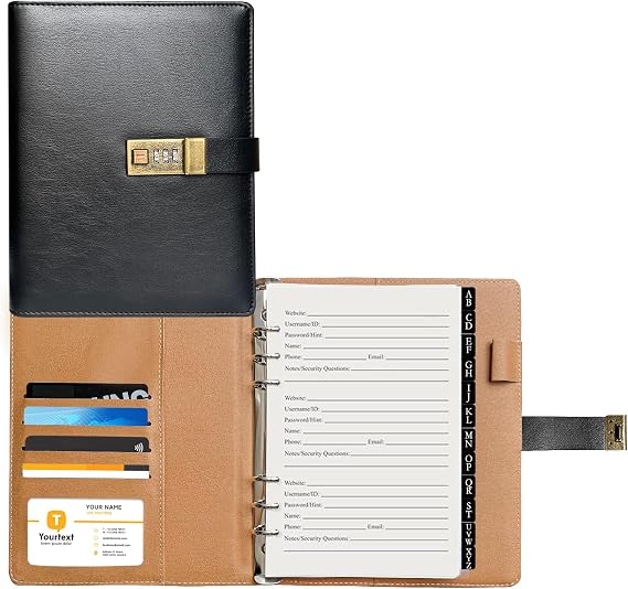 Lockable Password Book with Alphabetical Tabs, 302 Pages Vintage Black PU Hardcover Internet Address & Password Organizer Logbook, A5 Refillable Pages Large Print 576 Entries, for Seniors Home Office