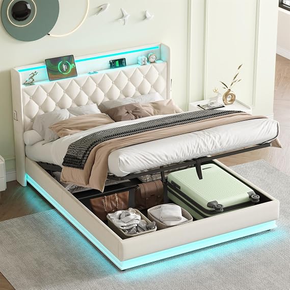 BTM Double Bed Frame with Hydraulic Storage, Linen Upholstered Double Bed Frame with Headboard, LED Lighting and Charging Station (USB and Type C Ports), 4ft6-135x190cm, No Mattress