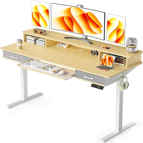 WALKINGDESK Electric Standing Desk with Keyboard Tray, 160 x 60 cm | Height Adjustable Desk, 2 Drawers, Monitor Stand, 4 Memory Heights, 72-118cm, Ergonomic Sit Stand Computer Desk, Oak