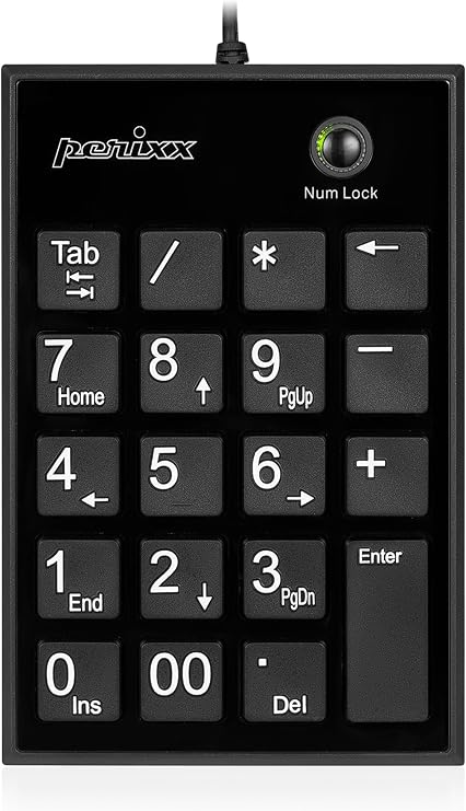 Perixx PPD-202 Wired 19 Keys Slim Numeric Keypad, Big Print Font, Silent Notebook Scissor Key Number Keypad with Tab Key and Num Lock, Black