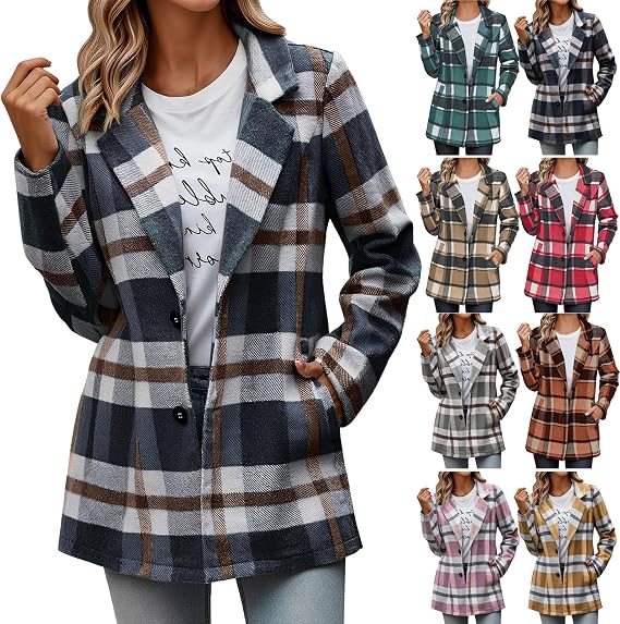 Plaid Blazer Jacket for Women 2025 - Notched Lapel Pea Coat Wool Blend Single Breasted Flannel Shacket Trench Coats