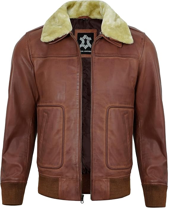 Leather Jackets For Men - Real Lambskin Stylish Turn Down Shearling Collar Leather Bomber Jacket Mens