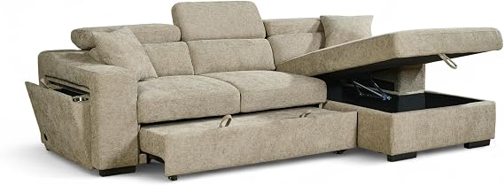 Beige Fabric Corner Sofa Bed with Storage, USB and Wireless Charging Dock ARTHUR - L Shaped Pull Out Sofa Bed 3 Seater for Family Living Room with Cushions, 220 x 140 cm Sleeping Area, Right Hand
