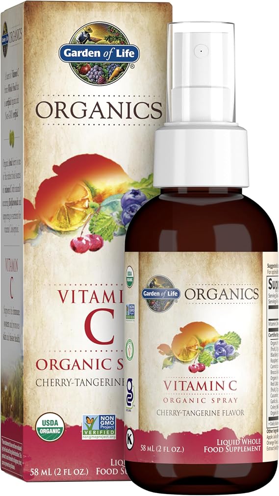 Garden of Life Organics Vitamin C Spray Featuring Amla Berry Liquid Vitamin C Supplement for Immune & Skin Health Support, USDA Organic, Non-GMO, Vegan, Cherry Tangerine Flavor, 2 Fl Oz Bottle