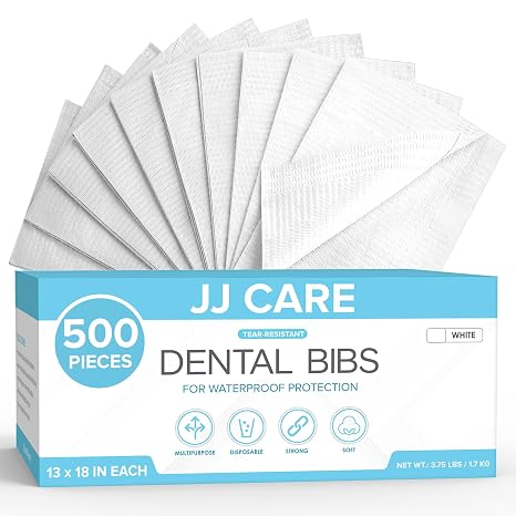 JJ CARE Dental Bibs [Pack of 500] - 13" x 17.7" White Dental Bibs, 3 Ply Waterproof Dentist Bibs, Dental Bibs Disposable for Eyelash Extension, Patient Bibs for Nail Art, Dental Napkins for Piercing