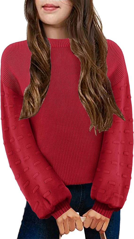 Arshiner Girls Crewneck Sweaters Chunky Lantern Sleeve Knit Jumper Tops Casual Drop Shoulder Pullover Outwear for 5-13 Years
